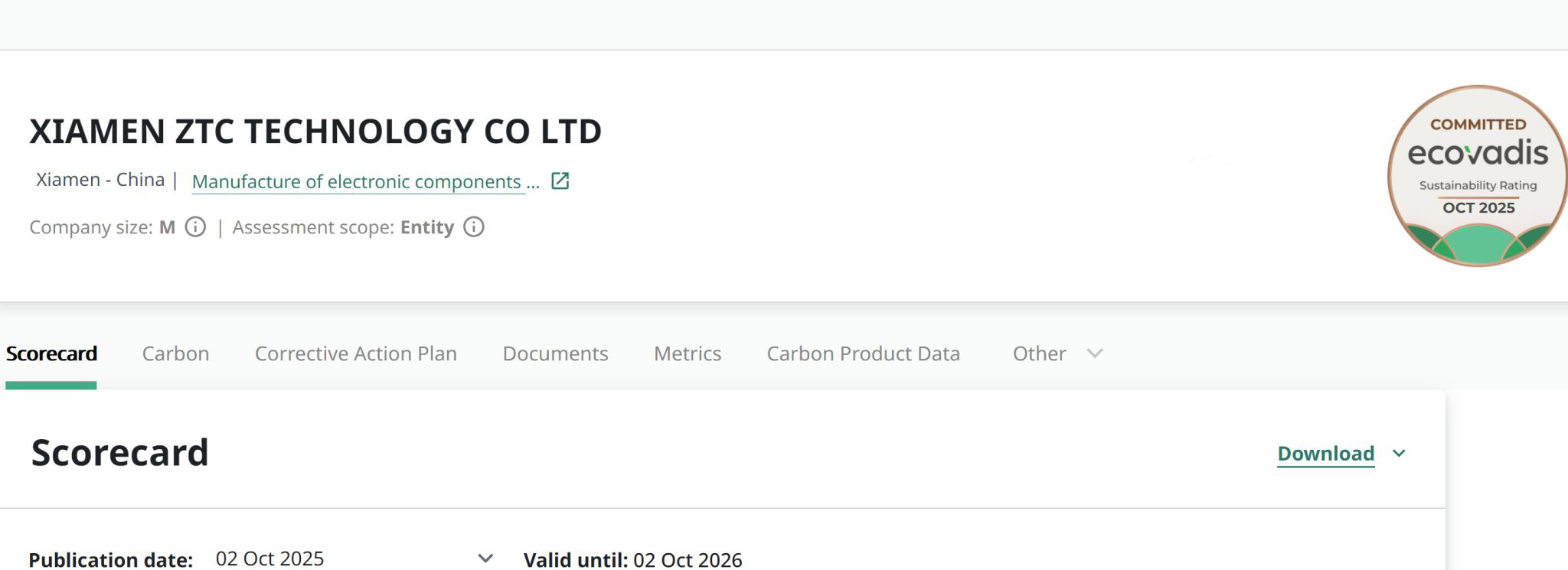A Xiamen ZTC Technology recebe a certificação de sustentabilidade EcoVadis.